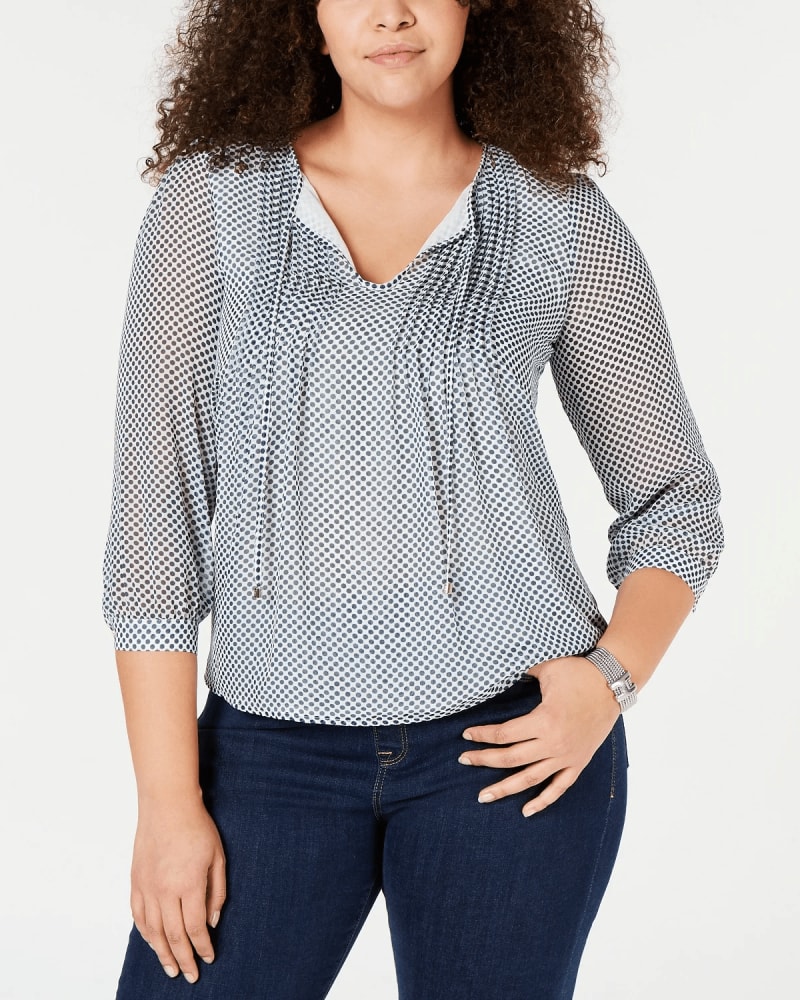 Front of a model wearing a size 2X Tommy Hilfiger Women's Plus Size Dot-Print Pintucked Top Bright Green Size 2X in Green by Tommy Hilfiger. | dia_product_style_image_id:311524